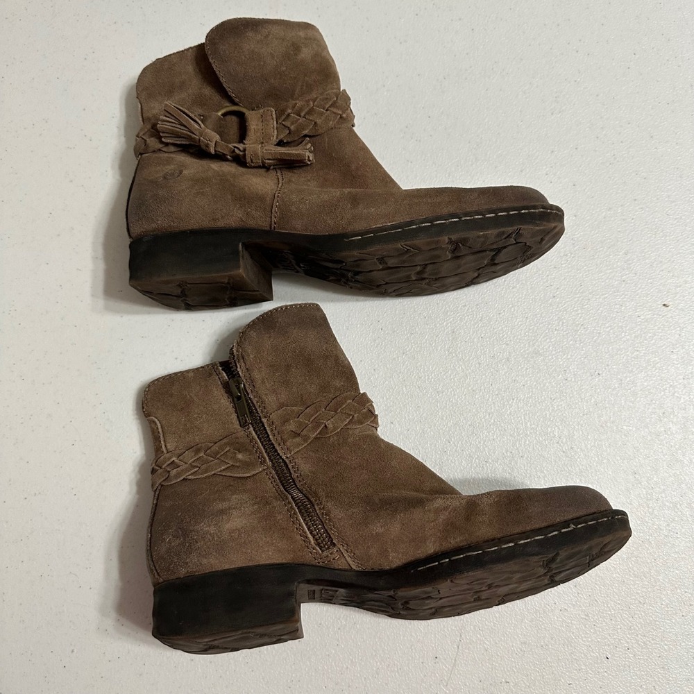 BORN‎ Leather Suede Ankle Boots Brown Braided Tassel Buckle Side Zip Women 7.5M